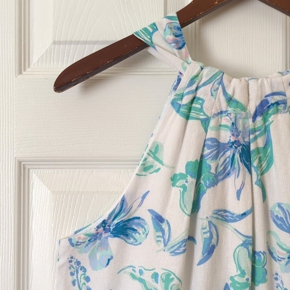 Charlie Paige Floral Linen Blend Sleeveless Halter Neck Mini Dress White Blue L - Picture 4 of 14